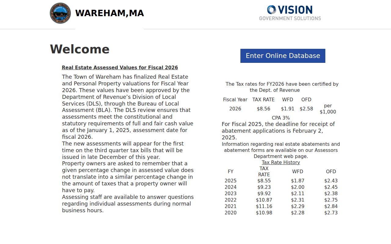 Wareham residents directory property search in the Vision assessment database